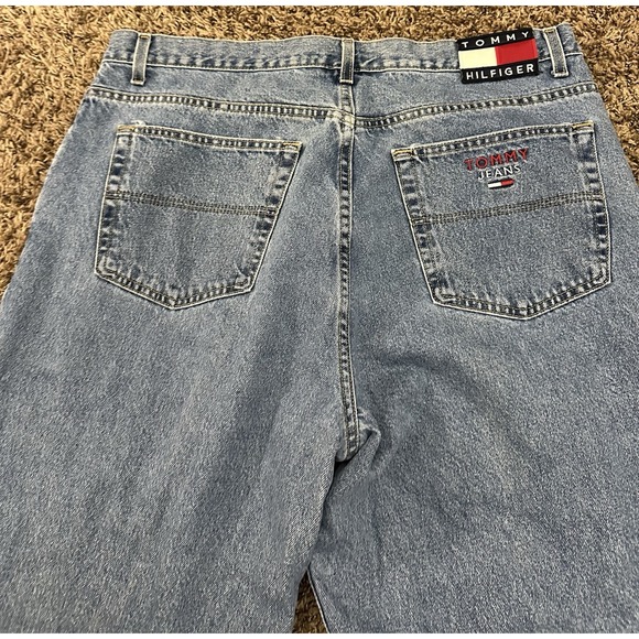 Vintage Tommy Hilfiger Blue Denim Baggy Wide Leg Faded Jeans Mens 42x30